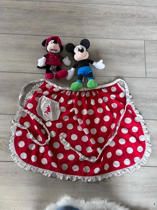 Disney Minnie Mouse Red Polka Dot Apron + Mickey & Minnie Plush 3PC Bundle Set - Picture 2 of 6